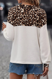 White Waffle Knit Leopard Print Color Block V-Neck Top