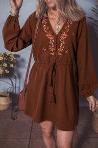 Brown Rust Floral Embroidered Tassel Tie Waist Long Sleeve Mini Dress