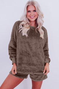 Brown Fleece Long-sleeve Top & Shorts Set