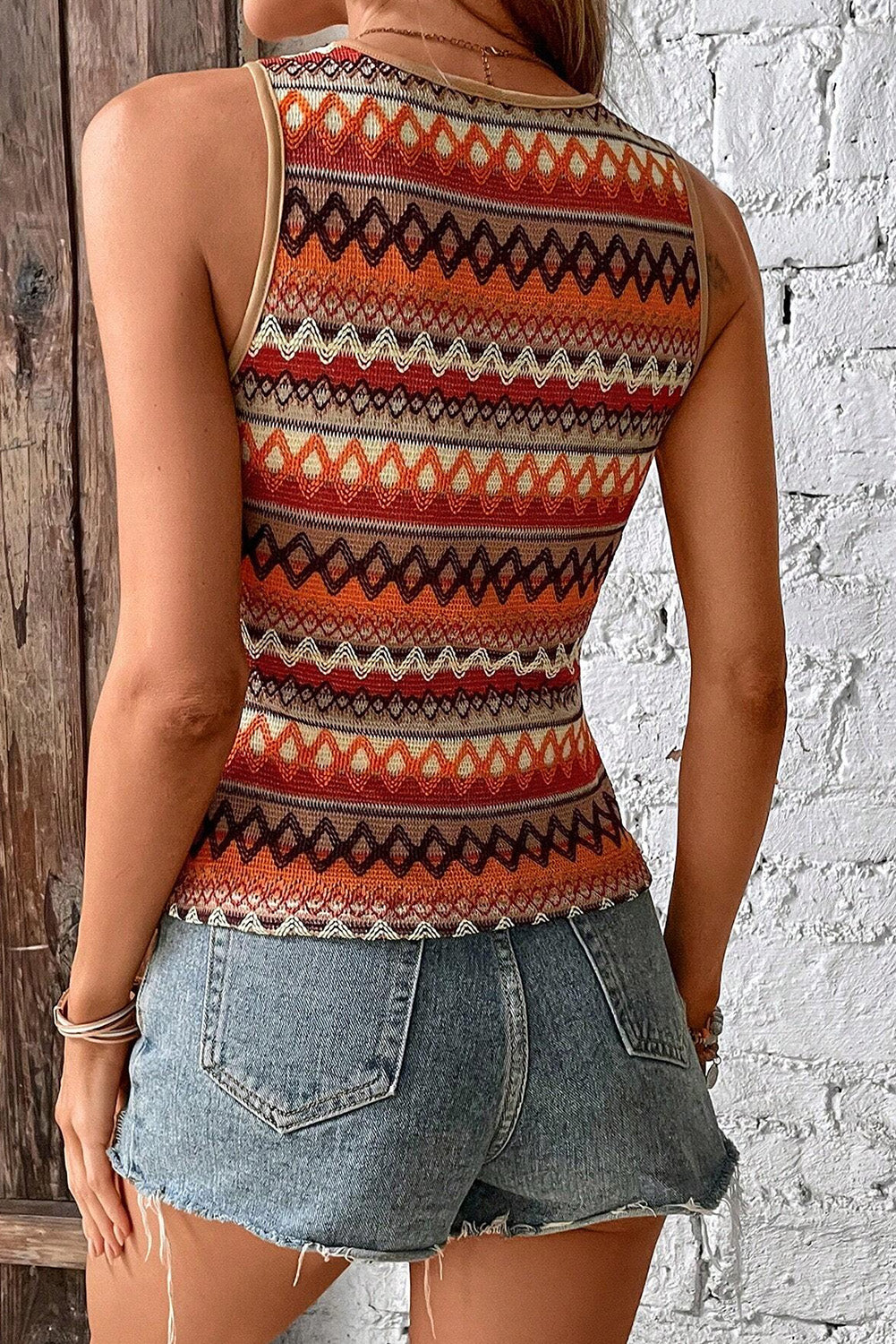 Orange Striped & Geo Jacquard Vintage Style Fitted Knit Tank Top