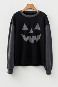 Black Embellished Jack-o-lantern Pumpkin Long Sleeve Top
