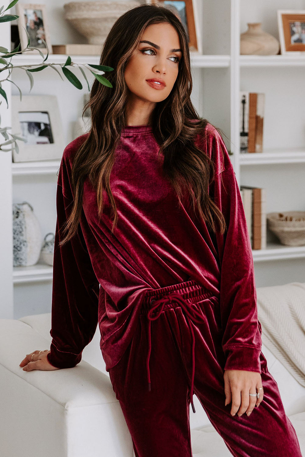 Burgundy Velour Long-sleeve Top & Pants Lounge Set