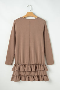 Light Brown Scoop Neck Tiered Ruffled Hem Long Sleeve Mini Dress