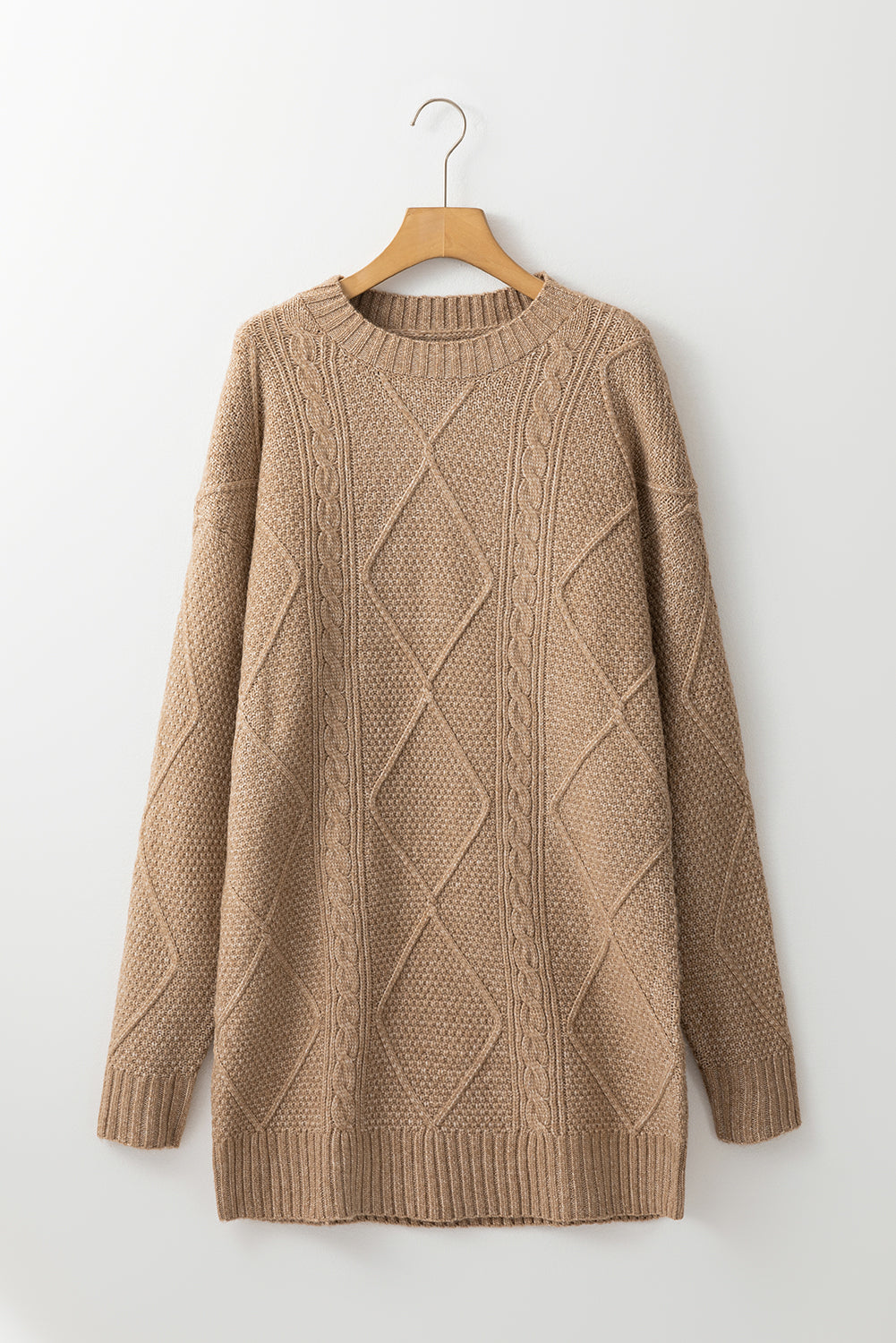 Beige Cable Knit Drop Shoulder Loose Fit Sweater Dress