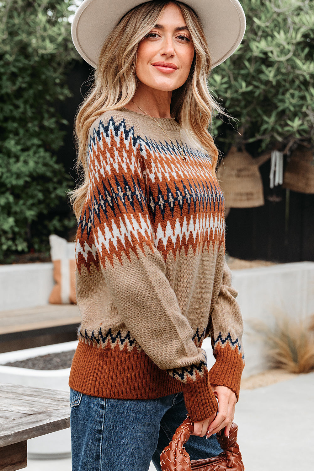 Rust and Tan Aztec Design Crew Neck Sweater
