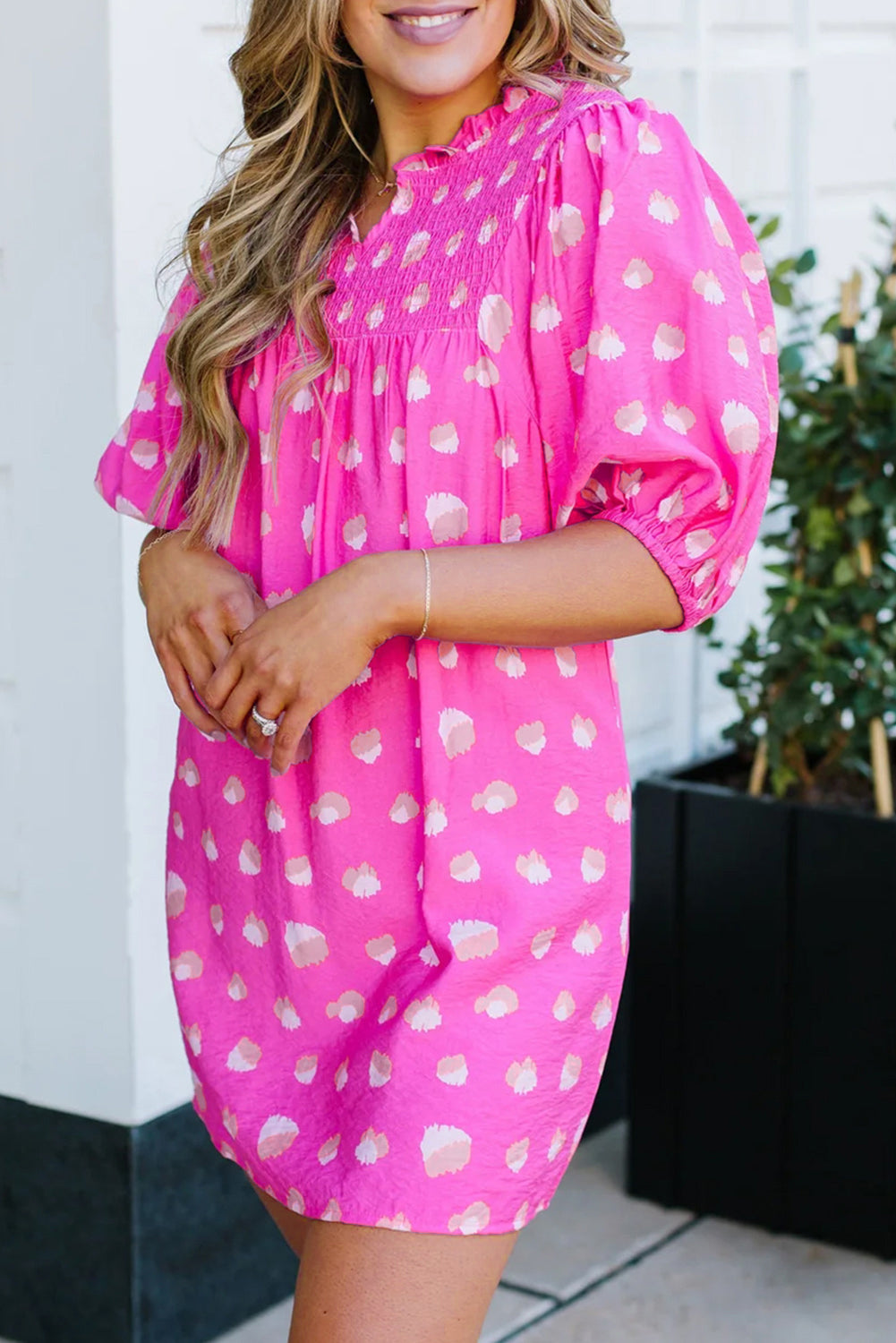 Bright Pink Spotted Print Half Puff Sleeve Flowy Dress