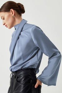 Dusty Blue Faux Wrap Mock Neck Bell Sleeve Blouse