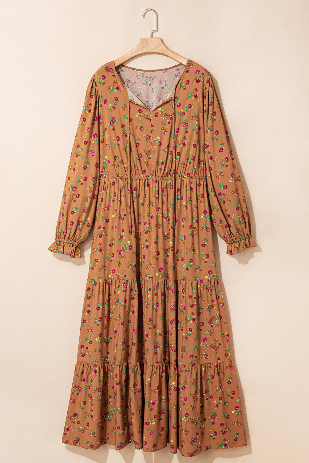 Brown Plus Size Fall Floral V-Neck Ruffled Sleeve Tiered Maxi Dress