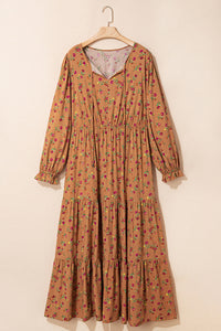 Brown Plus Size Fall Floral V-Neck Ruffled Sleeve Tiered Maxi Dress