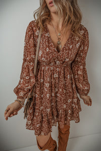 Brown Boho Floral Ruffled Puff Sleeve V-Neck Mini Dress