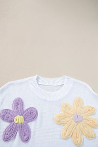 White with Pastel Crochet Flower Knit Sleeveless Sweater
