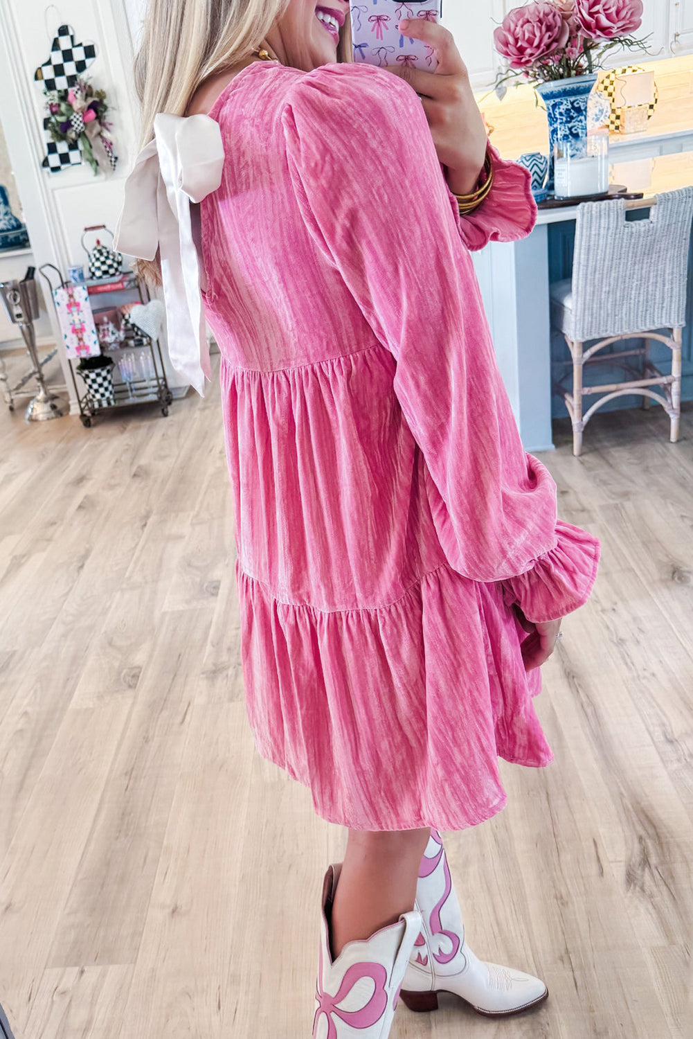 Pink Tiered Ruffled Velour Mini Dress