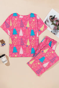 Pink with Blue & White Christmas Tree Print V-Neck Tee and Pants Lounge Set