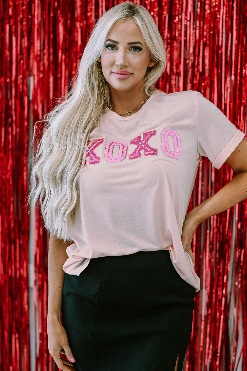 Pink Valentines Day Embossed XOXO Graphic T-shirt