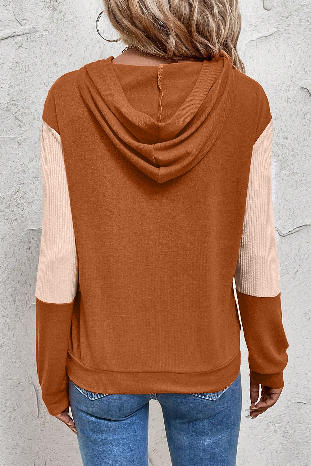 Brown and Beige Textured Color Block Crossed Neckline Hoodie