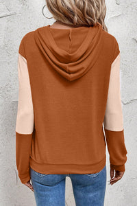 Brown and Beige Textured Color Block Crossed Neckline Hoodie
