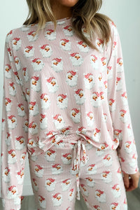 Pink Santa Claus Print Long-sleeve Top & Pants  Lounge Set