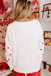 White with Red Hearts Drop Shoulder Round Neck Sweater