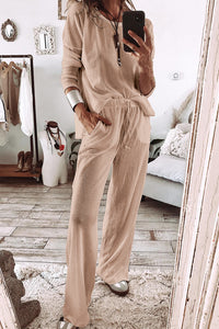 Waffle Knit Long Sleeve T-Shirt and Pants Lounge Set in Black or Beige