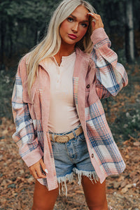 Light Pink & Blue Plaid Corduroy Color-block Chest Pockets Heavyweight Button-down Shirt