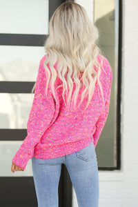 Pink Confetti V-Neck Drop Shoulder Casual Knit Sweater