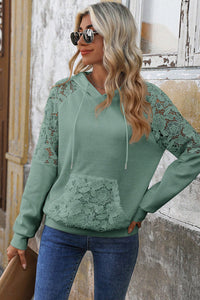 Sage Lace Raglan Sleeve Kangaroo Pocket Waffle Knit Hoodie