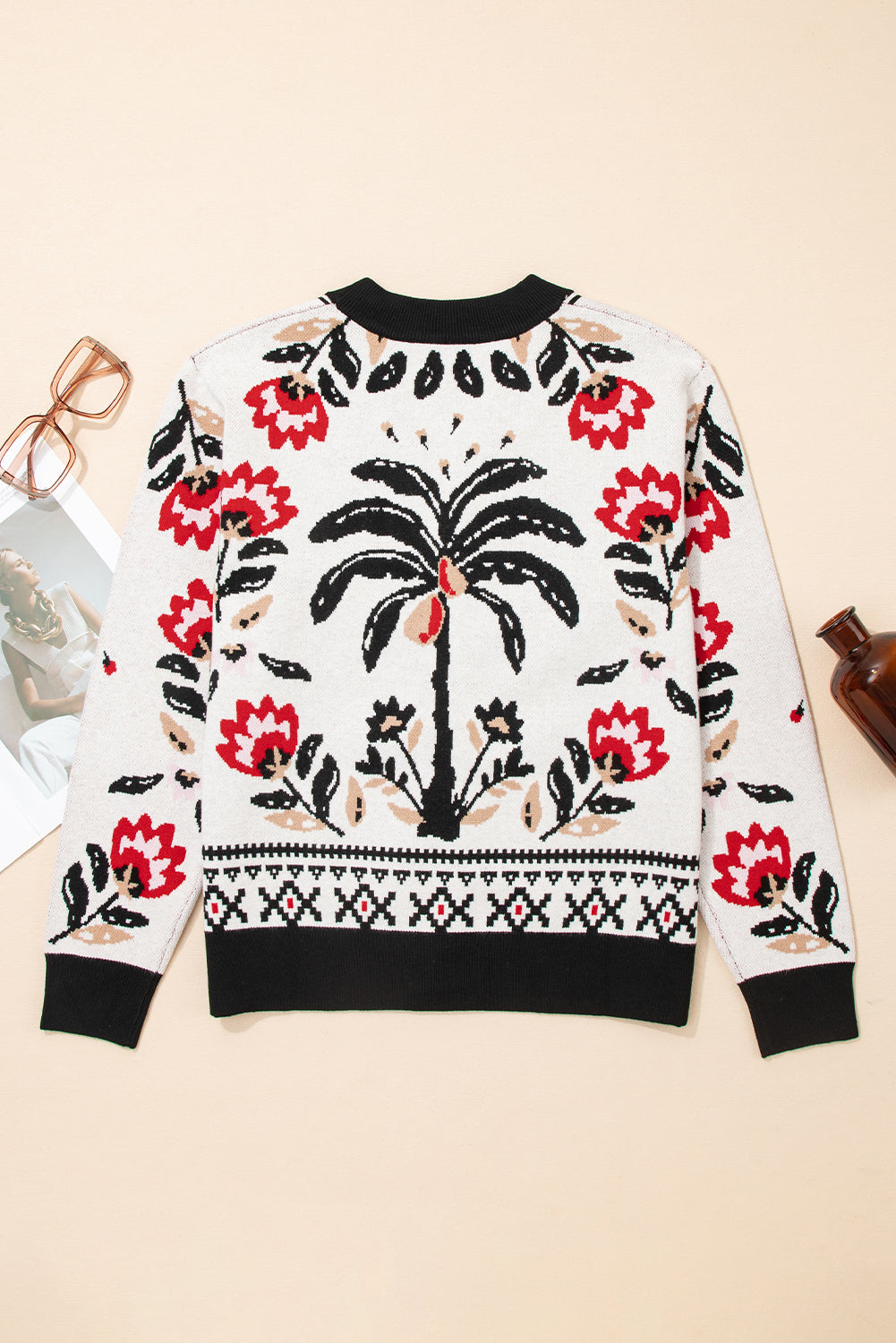 Red and Black Floral Print Button Down V-Neck Knit Cardigan