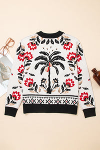 Red and Black Floral Print Button Down V-Neck Knit Cardigan