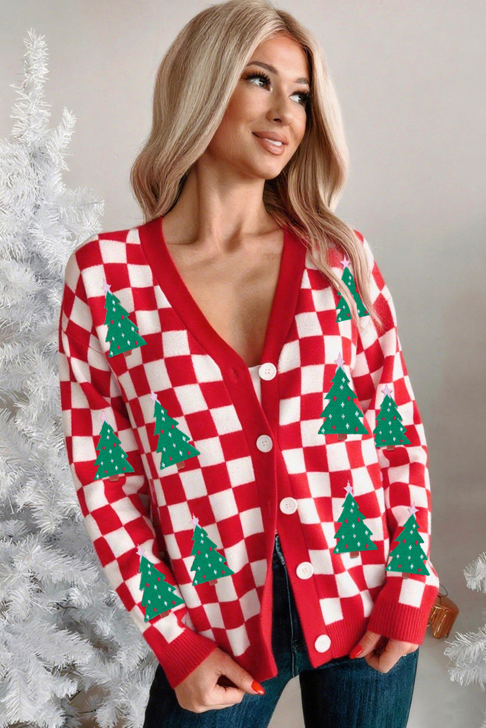Checkered Christmas Tree Pattern Buttoned V-Neck Cardigan Sweater