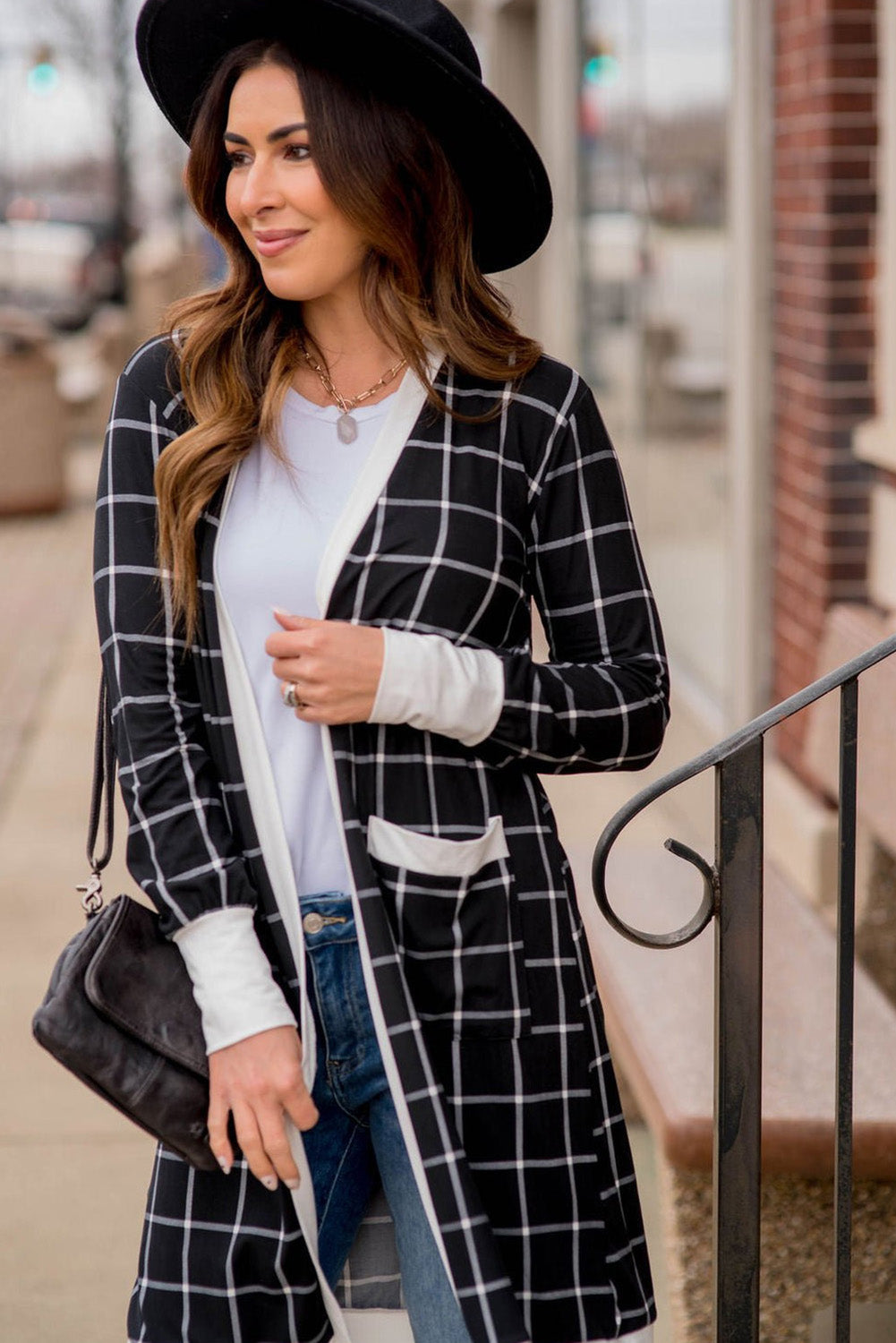 Black Window Pane Plaid Open Knit Cardigan with Pockets