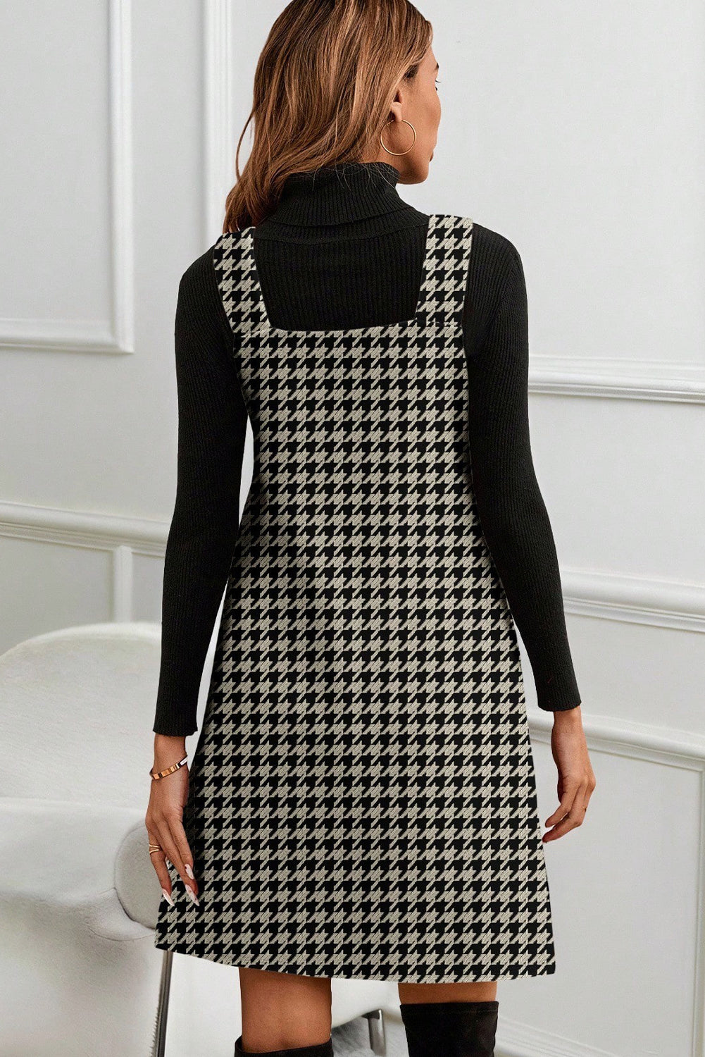 Houndstooth V-Neck Sleeveless Mini Dress