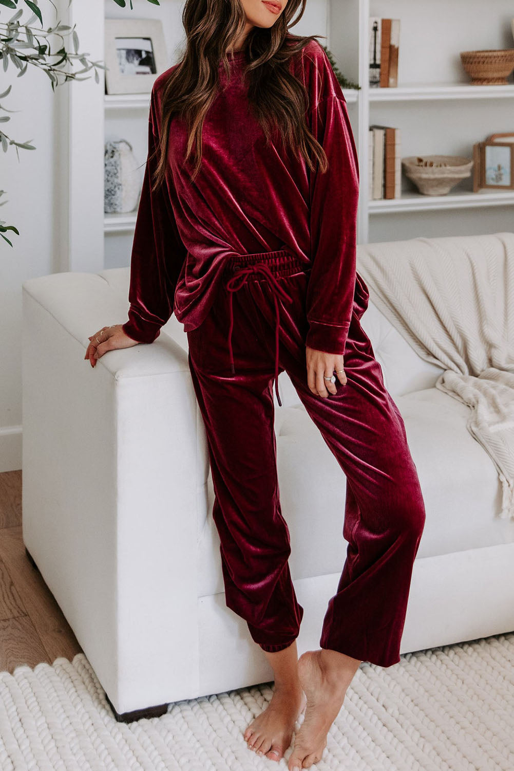 Burgundy Velour Long-sleeve Top & Pants Lounge Set