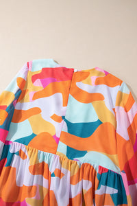 Pink Yellow Orange Abstract Print Bell Sleeve V-Neck Babydoll Dress