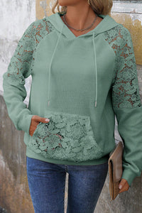 Sage Lace Raglan Sleeve Kangaroo Pocket Waffle Knit Hoodie