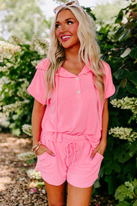 Pink Hooded Short Sleeve Henley Top and Shorts Set