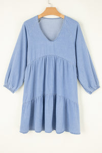 Blue Puff Sleeve V-Neck Tiered Ruffled Chambray Mini Dress