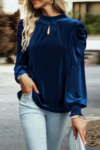 Sapphire Tie Back Neck Ruffly Sleeve Velour Blouse