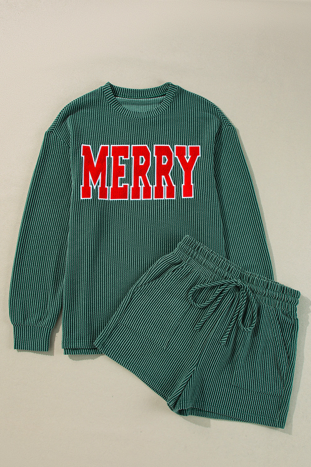 Pine Green Corded MERRY Graphic Long Sleeve Top and Shorts Set