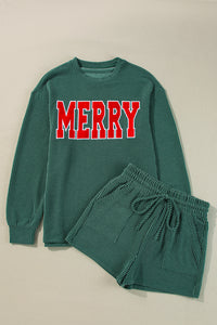 Pine Green Corded MERRY Graphic Long Sleeve Top and Shorts Set