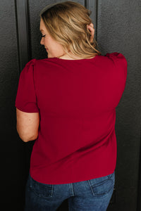 Red Keyhole Pleated Crew Neck Plus Size Short Sleeve Blouse