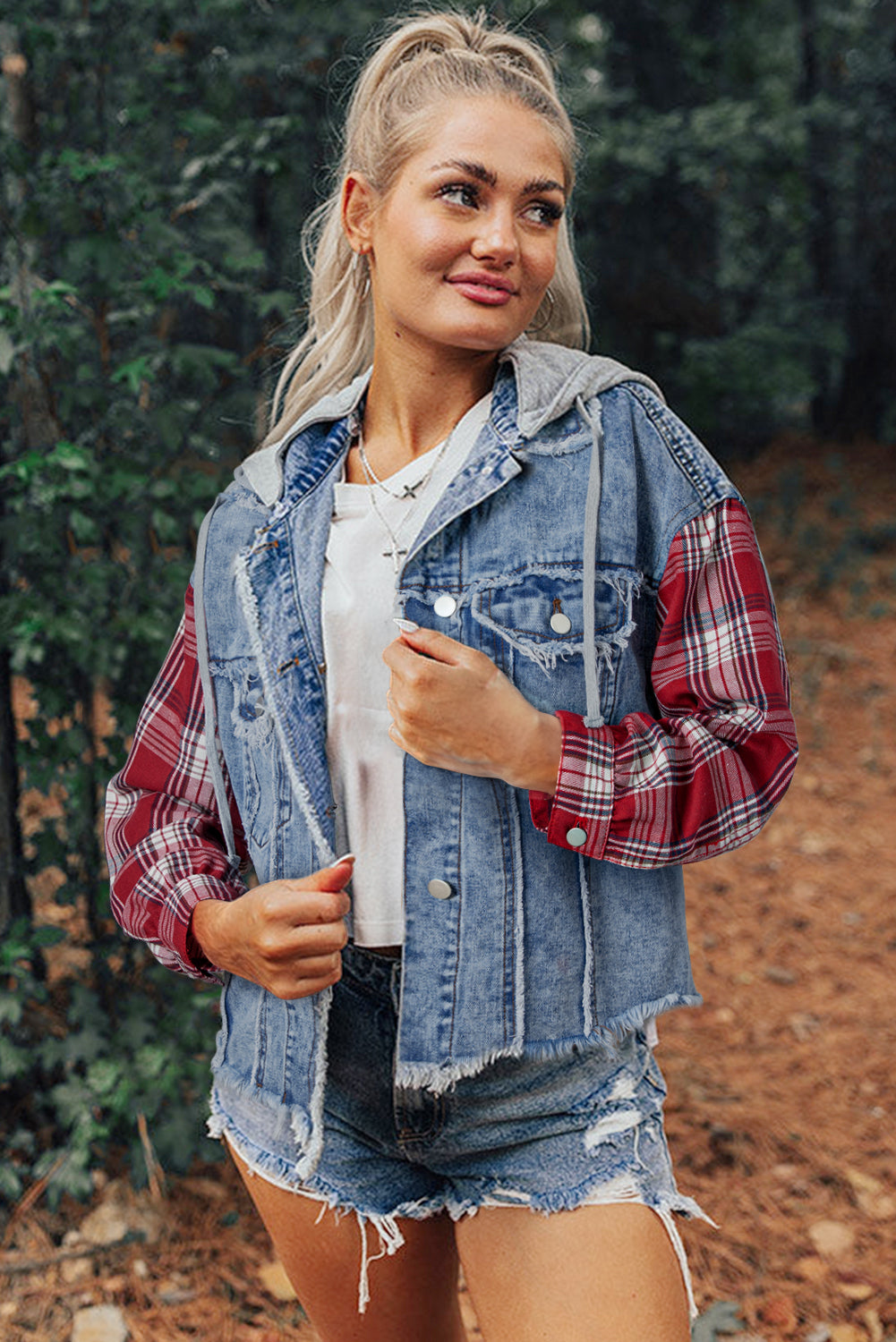 Raw Hem Denim Hooded Button Up Jacket with Red Plaid Sleeves