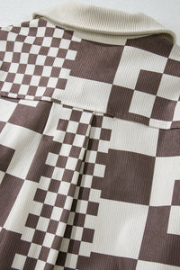 Brown Checkered Print Patchwork Corduroy Oversized Shacket