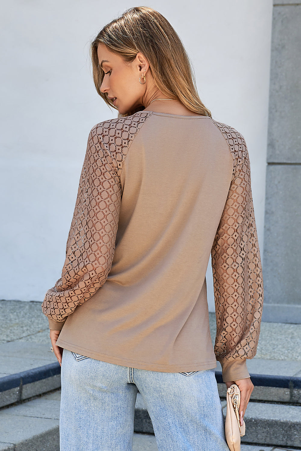 Lace Raglan Long Sleeve Pleated Flowy Knit Top