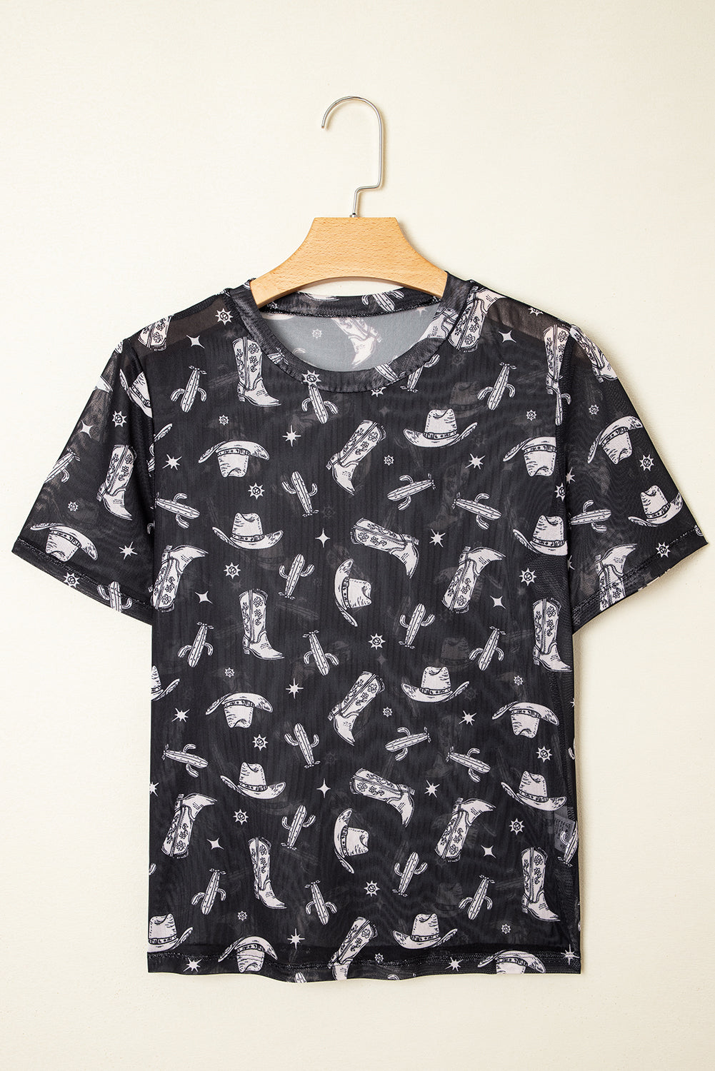 Black Western Pattern Mesh Sheer Crew Neck Tee