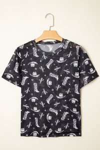 Black Western Pattern Mesh Sheer Crew Neck Tee