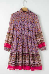 Purple Floral Smocked Puff Sleeve High Neck Mini Dress