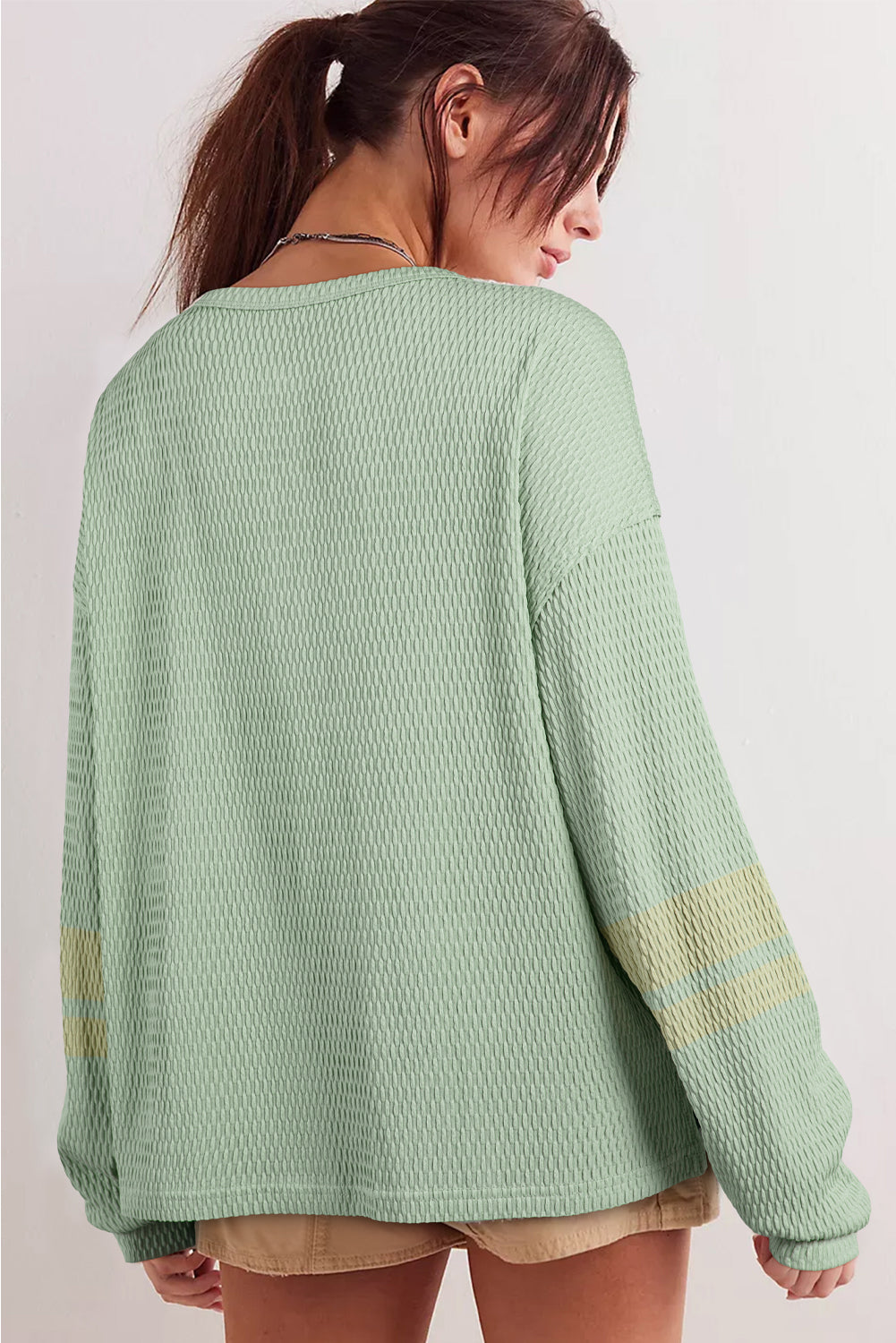 Sage Drop Shoulder Stripe Sleeve Textured Henley Top