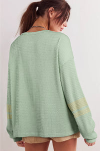 Sage Drop Shoulder Stripe Sleeve Textured Henley Top