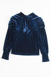 Navy Tie Back Neck Ruffled Sleeve Velour Blouse