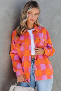 Orange and Pink Checkered Button Down Collared Jacket